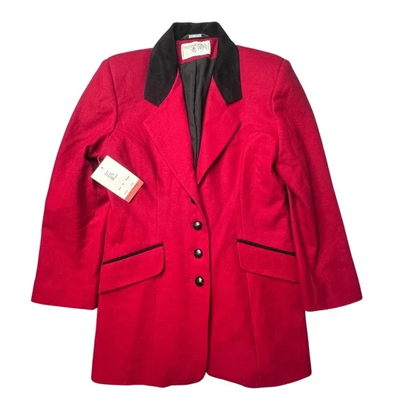 Vintage International Scene Blazer Womens 7/8 Red Wool Blend Coat Leather Trim - Picture 1 of 10